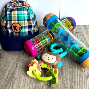 Baby Rattle, rain sticks and GYMBOREE hat 3-6 months